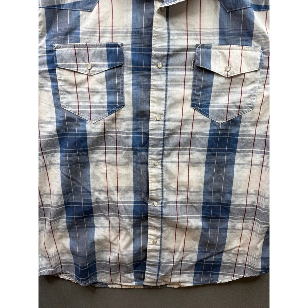 Levi Strauss Western Shirt Mens Blue White Plaid Pearl Snap Modern Large